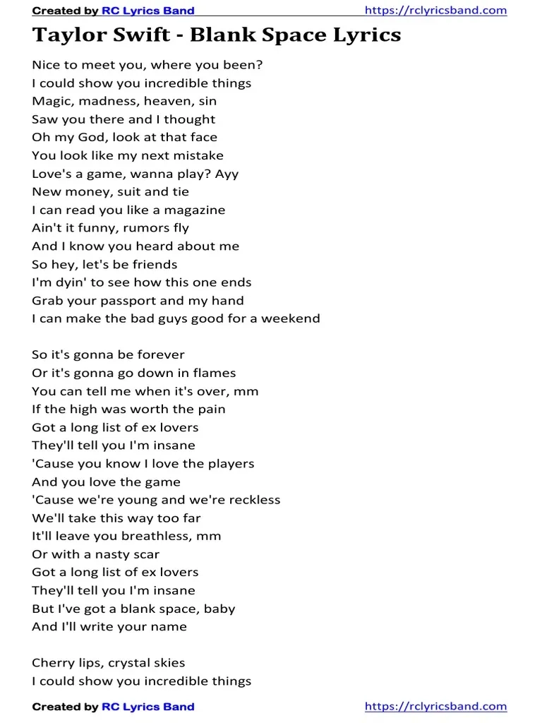 Taylor Swift Blank Space Lyrics PDF