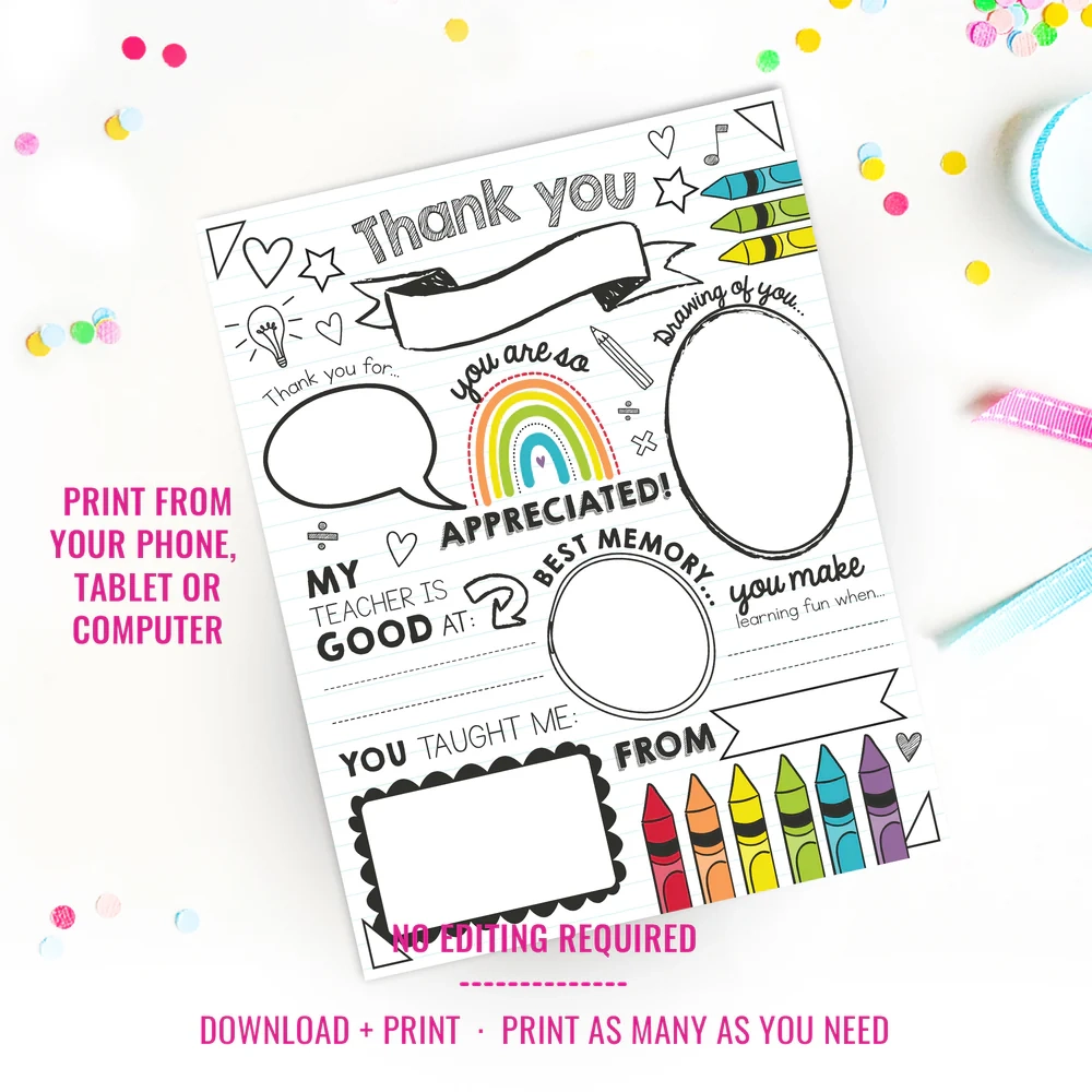 Teacher Appreciation Day Gift All About Teacher Fill In Blank Printable Teacher Thank You Gift