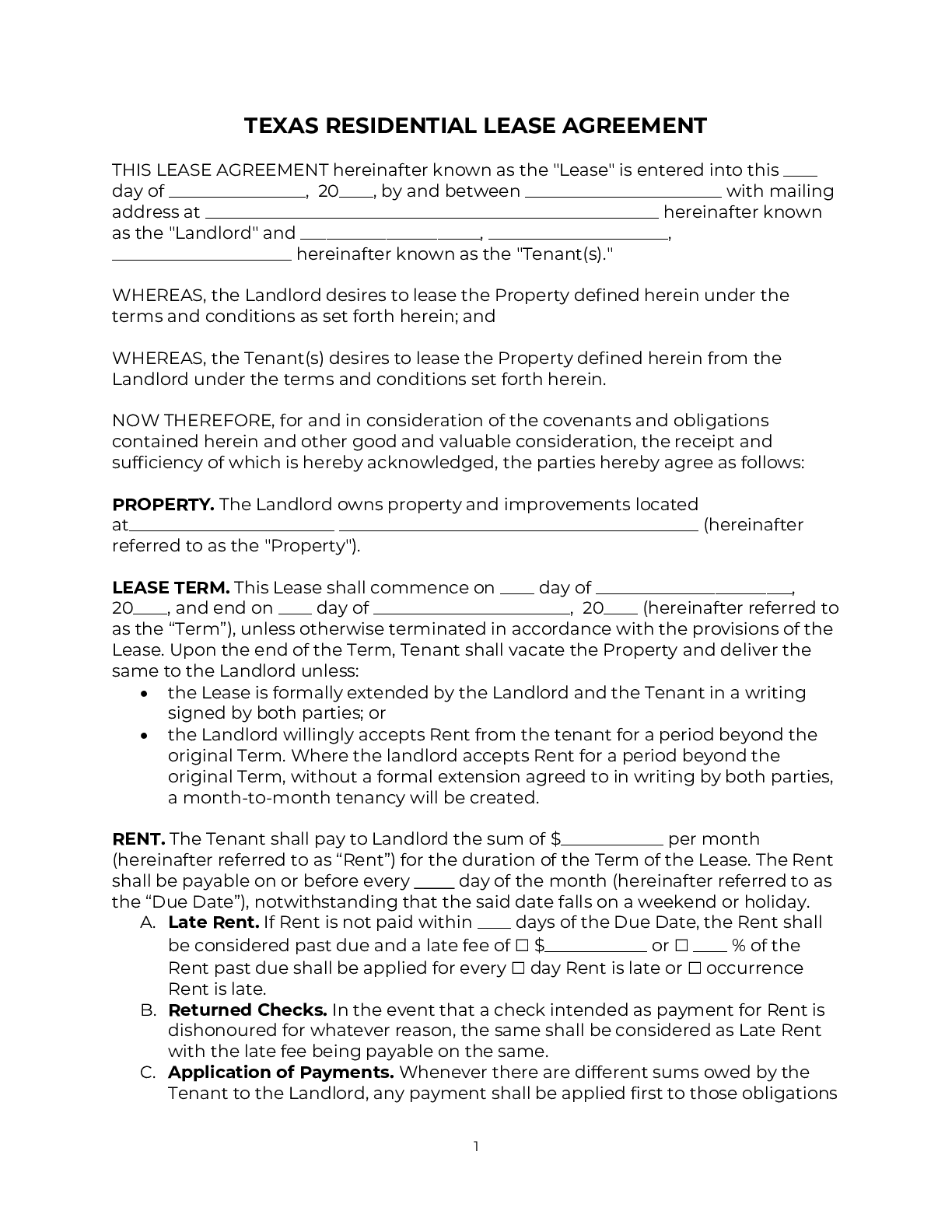 Printable Blank Texas Rental Agreement