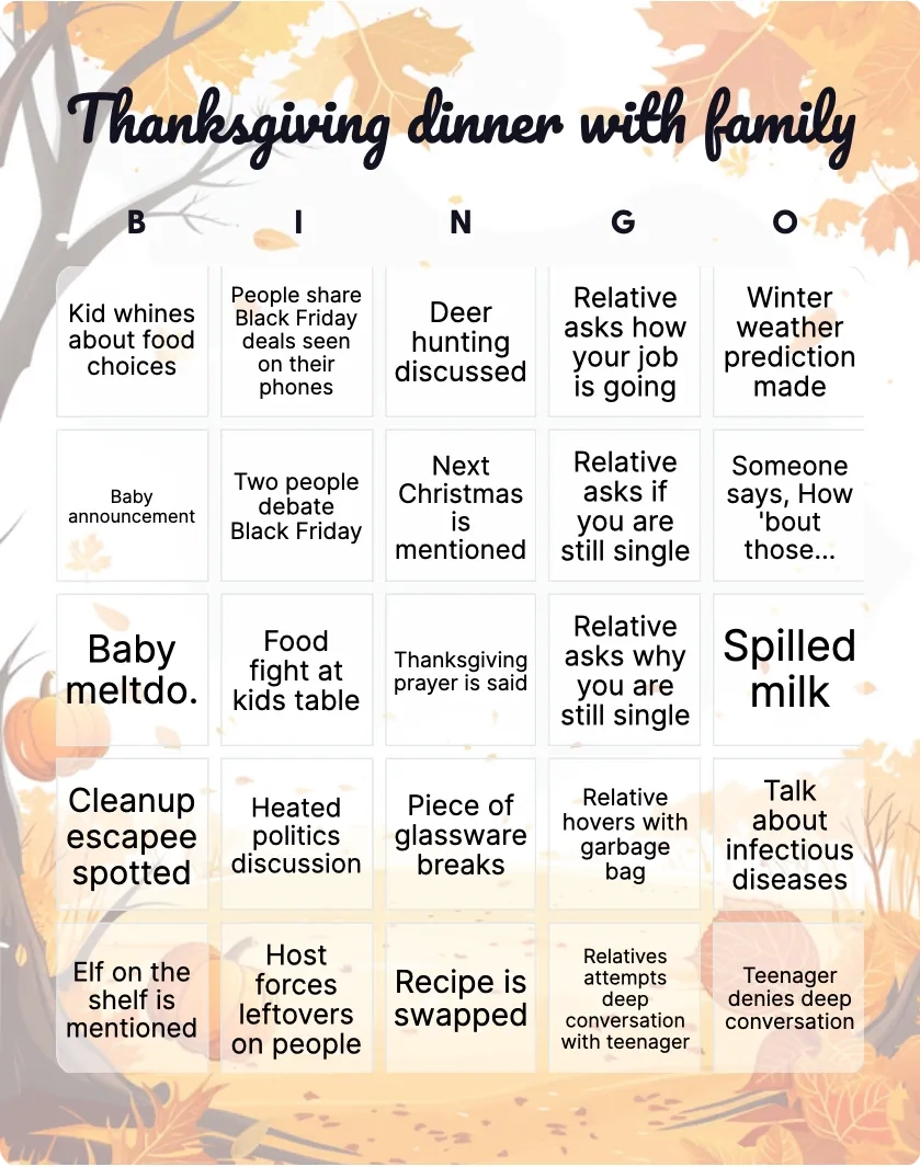 Blank Thanksgiving Family Bingo Printable