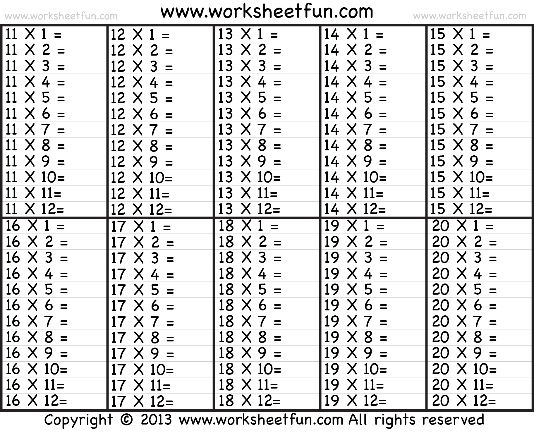 Times Table 2 12 Worksheets 1 2 3 4 5 6 7 8 9 10 11 