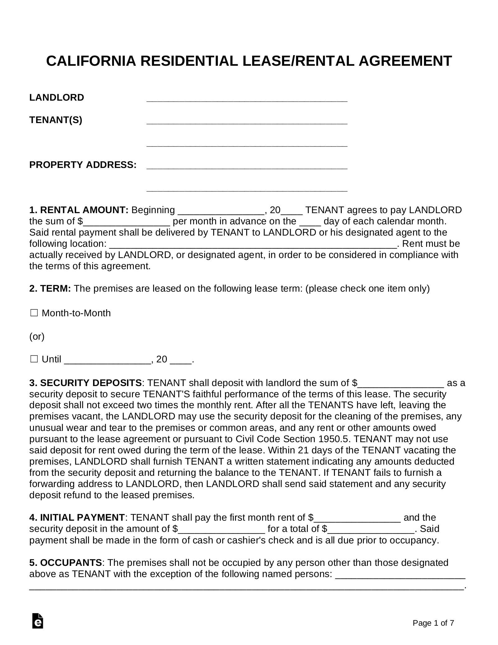 Top 5 Free California CA Residential Lease Agreement Templates