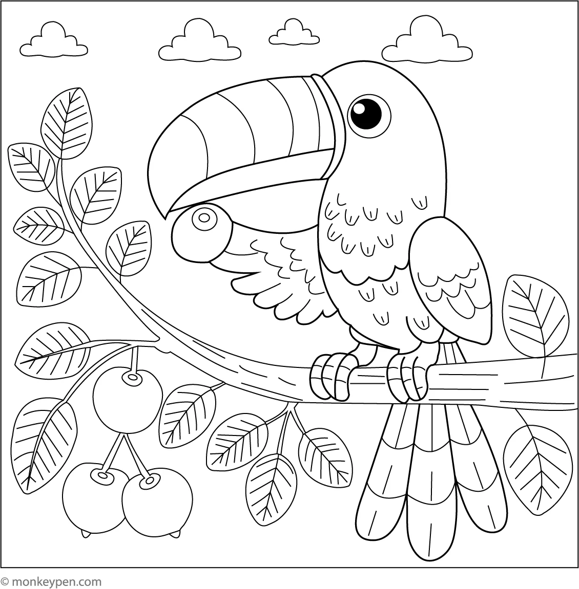 Toucan Eating Fruit Free Coloring Page