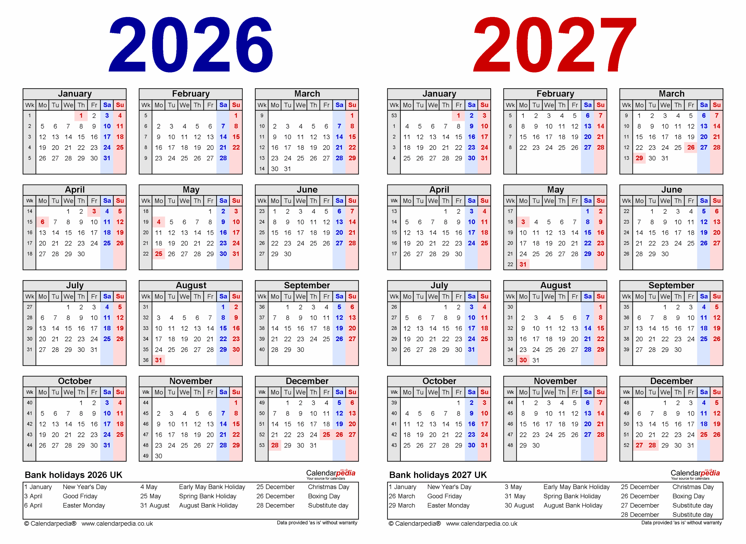 Two Year Calendars For 2026 And 2027 UK For Microsoft Word