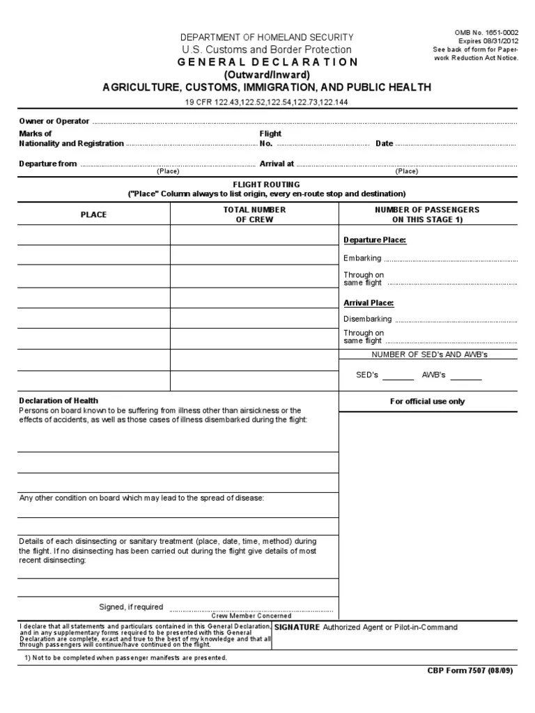 U S Customs Form CBP Form 7507 General Declaration Agriculture 