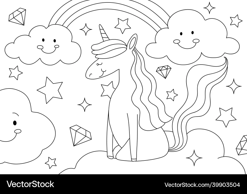 Unicorn Kids Coloring Page Blank Printable Vector Image