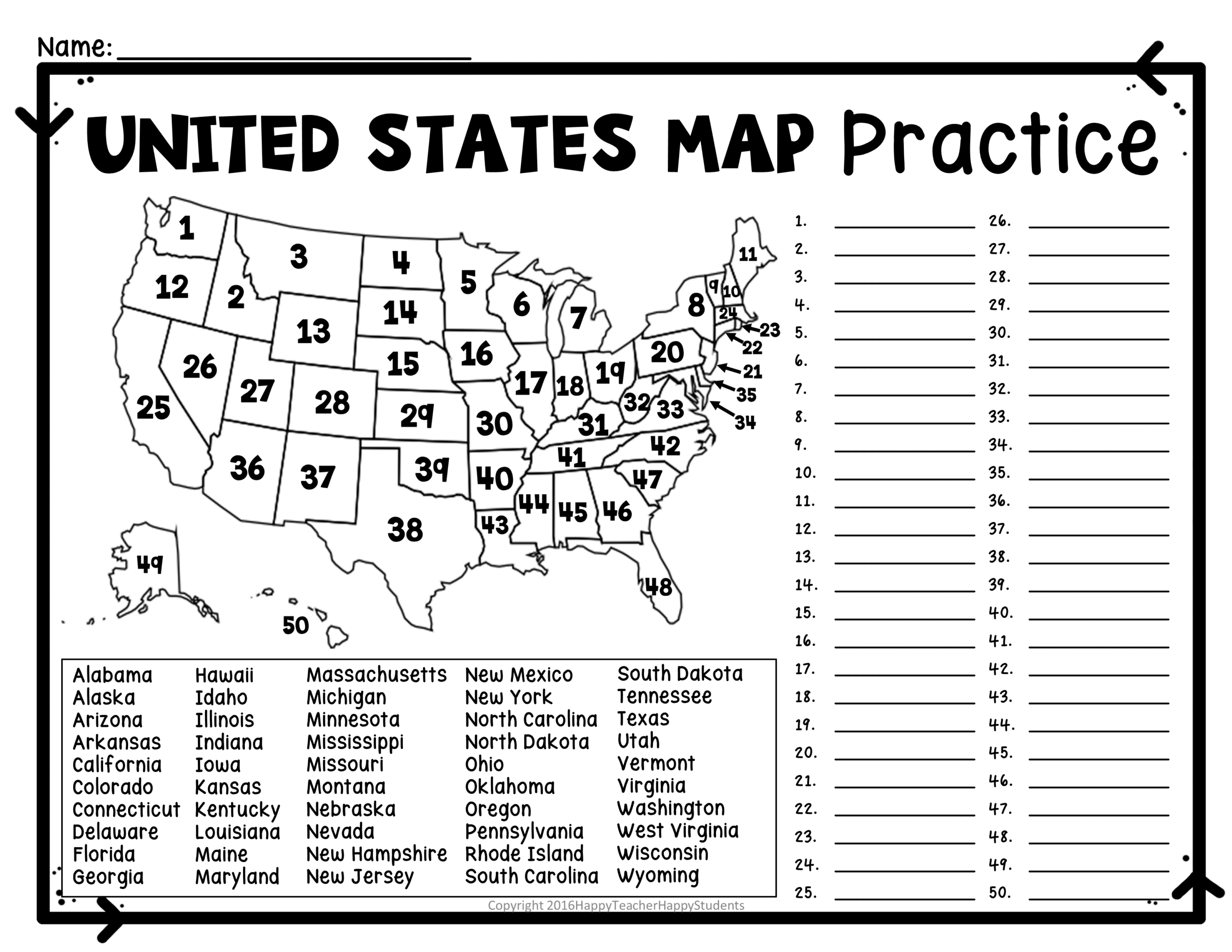 United States Map Quiz amp Worksheet USA Map Test W Practice Sheet 