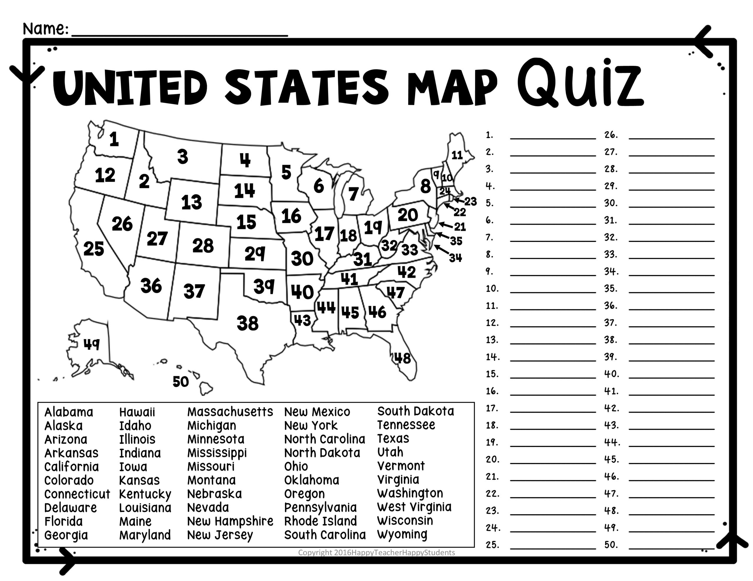 United States Map Quiz amp Worksheet USA Map Test W Practice Sheet 