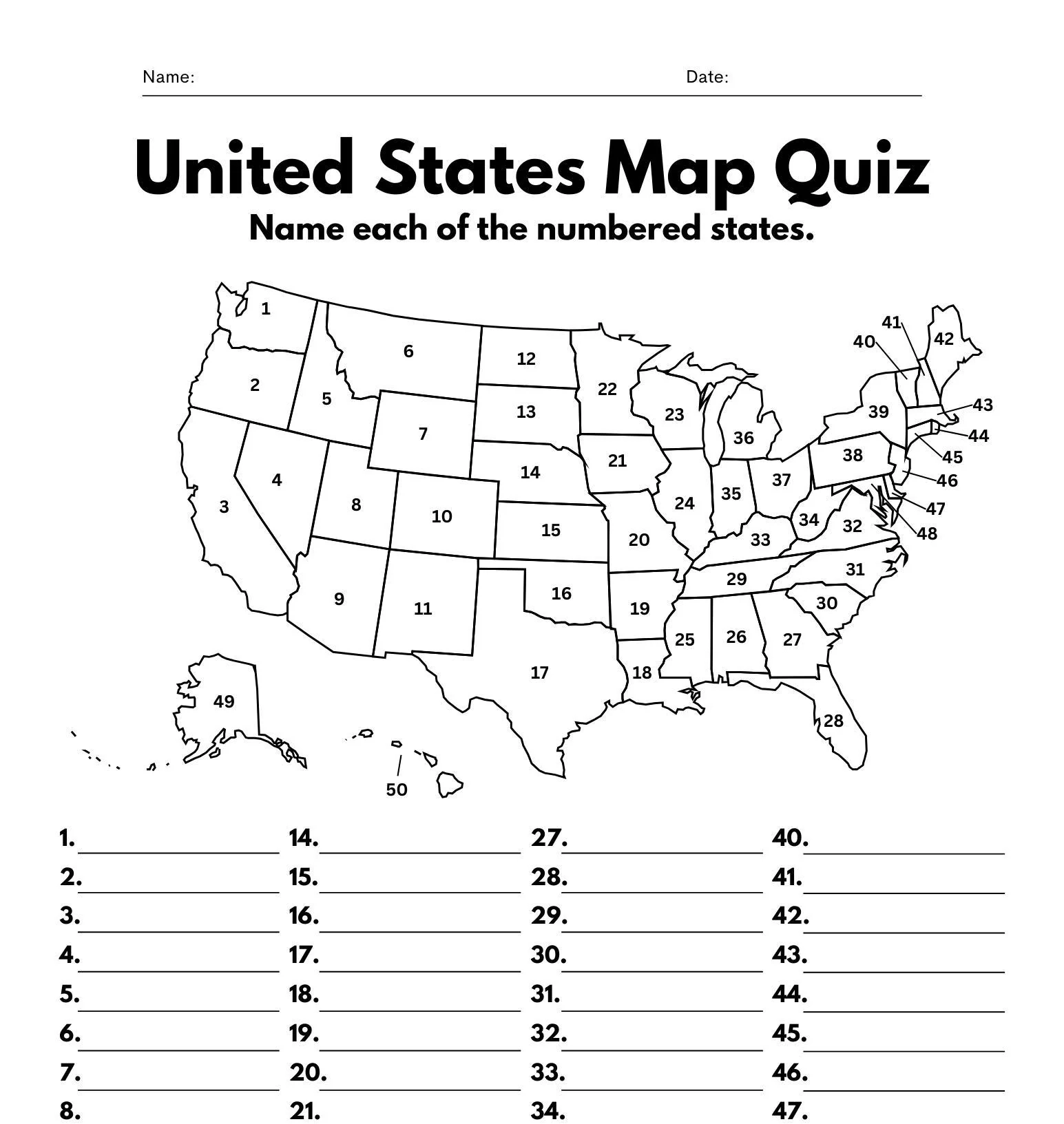 Blank States Map Quiz Printable