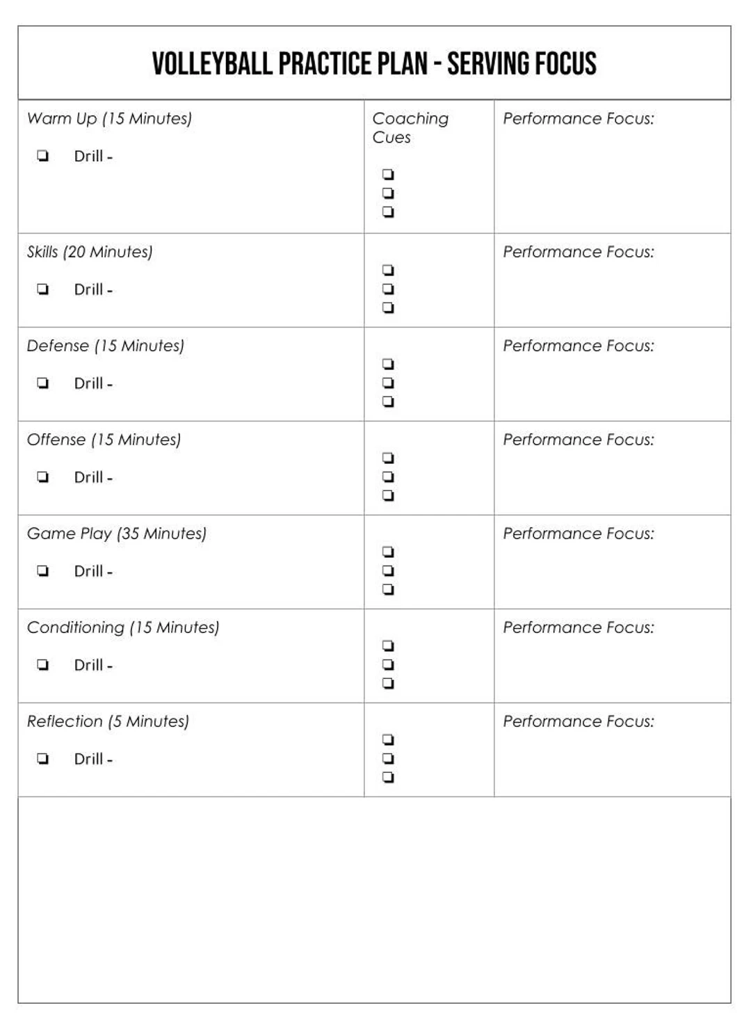 Volleyball Practice Schedule Printable Blank