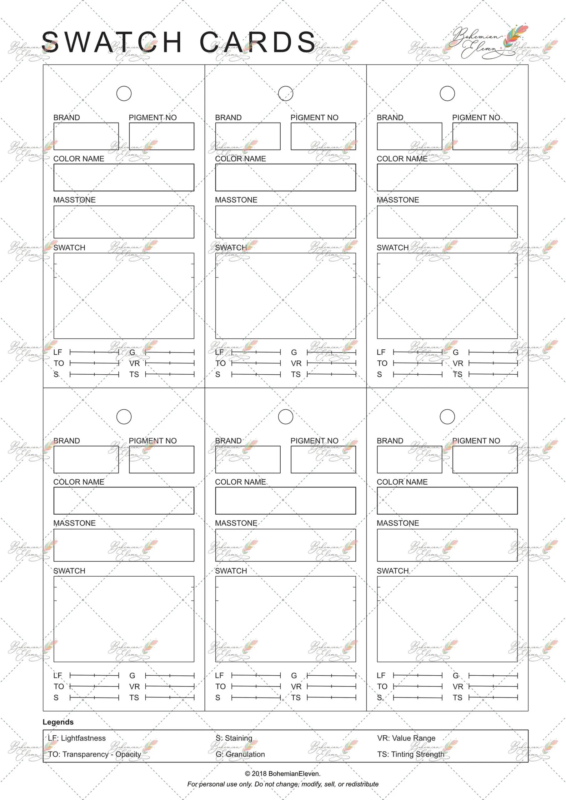 Watercolor Swatch Card Template printable Etsy Singapore