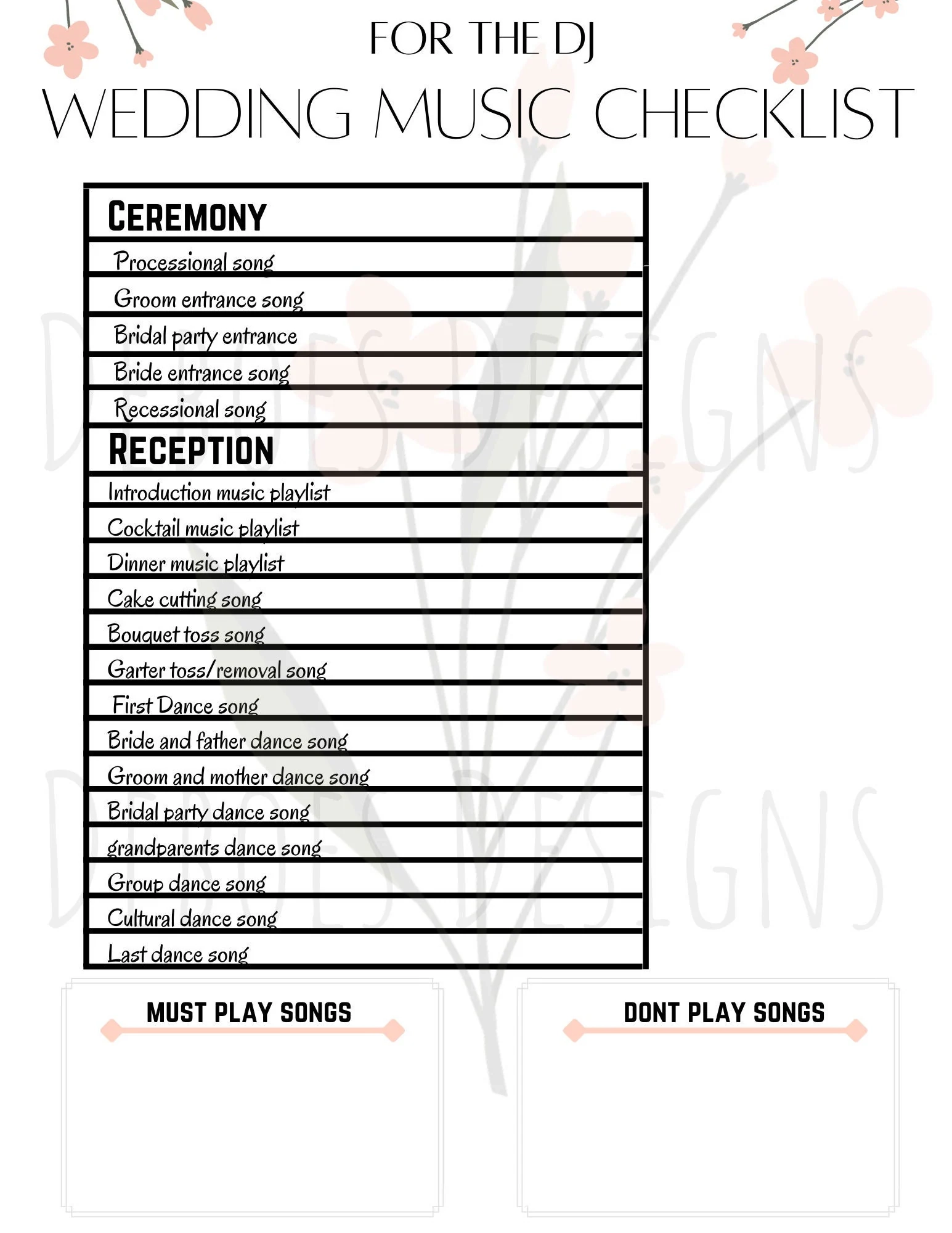 Wedding Song Checklist Etsy UK