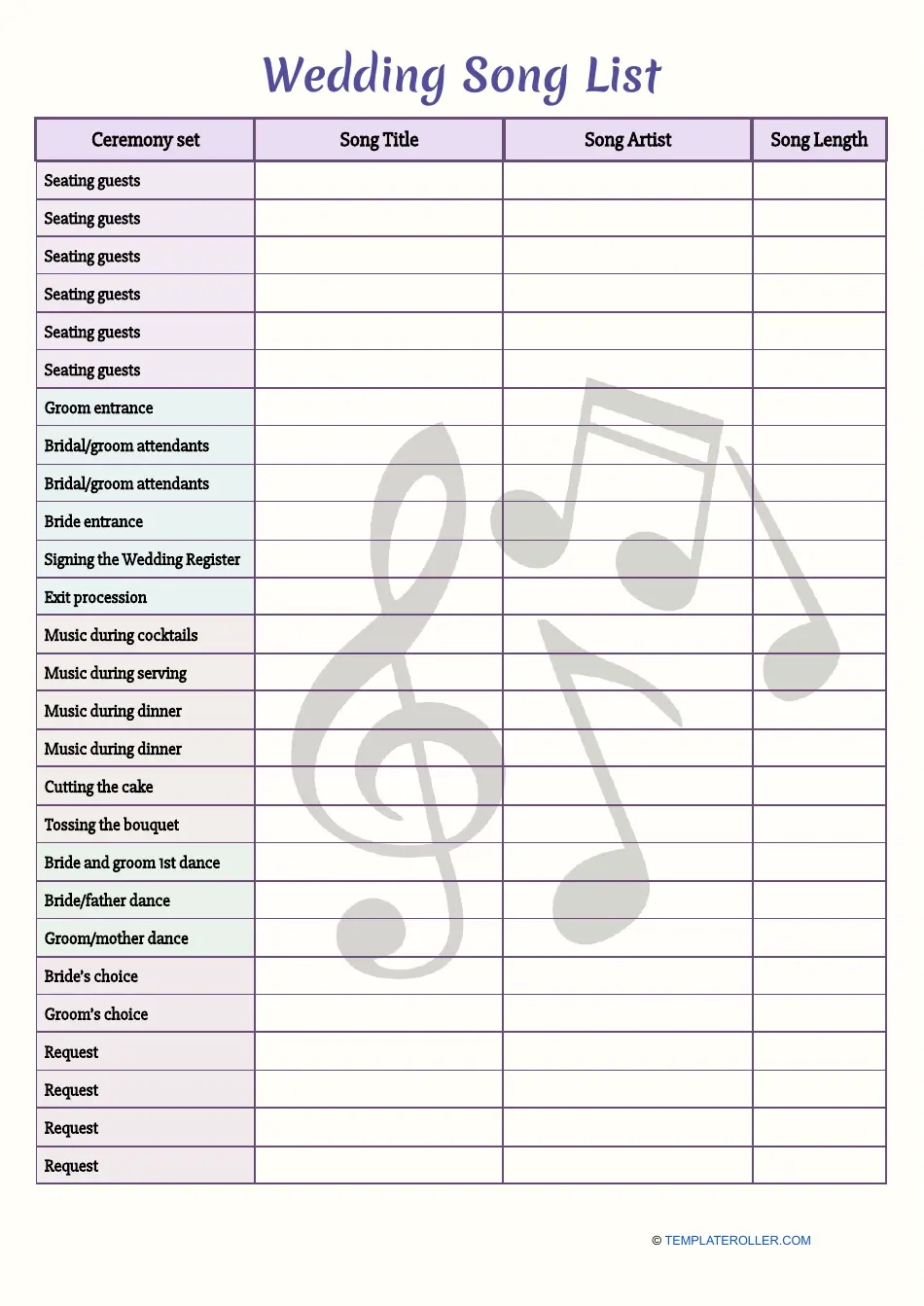 Wedding Music List Blank Printable
