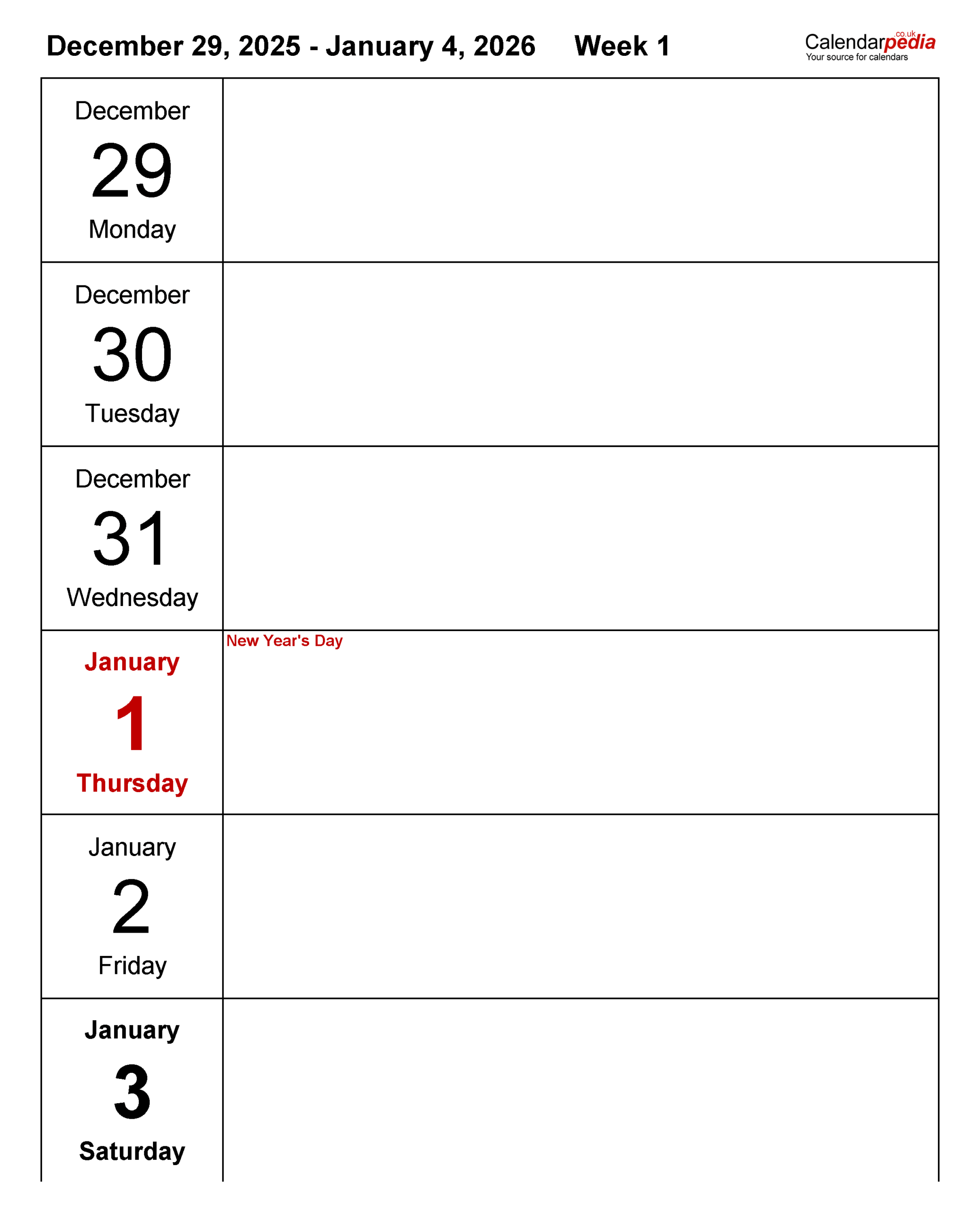 Printable Blank Weekly Calendar 2026