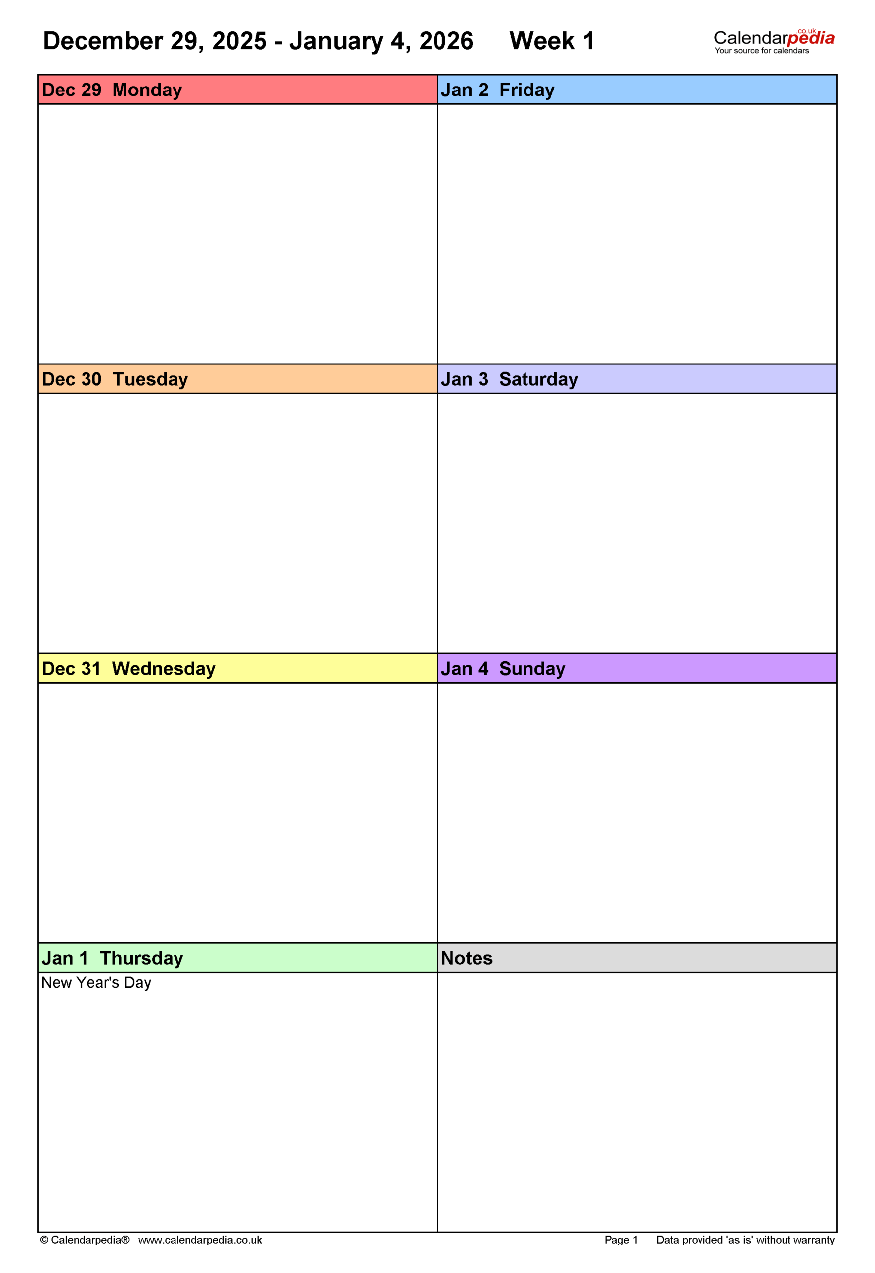 Blank Weekly Calendar 2026 Printable