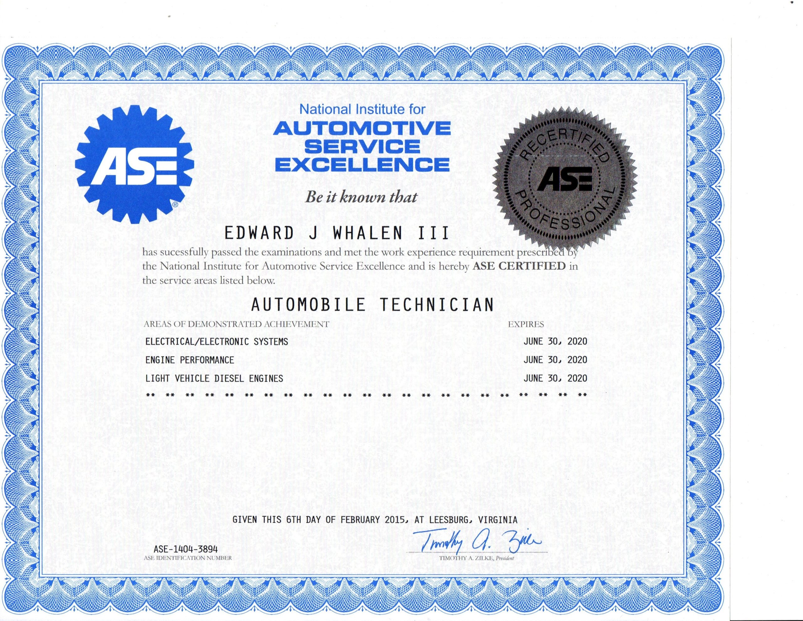 Whalen s Auto Repair Training Certificates