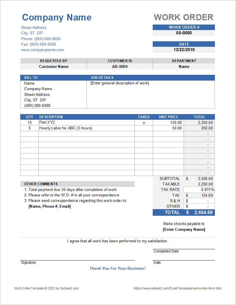 Blank Printable Work Order Forms