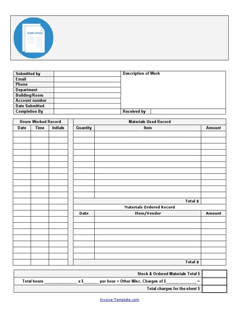 Work Order Invoice Blank Printable