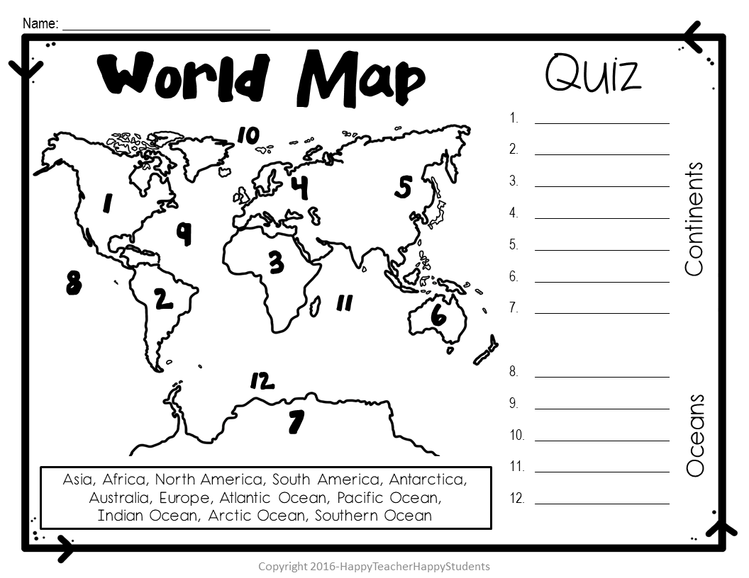 World Map World Map Quiz Test And Map Worksheet 7 Continents 
