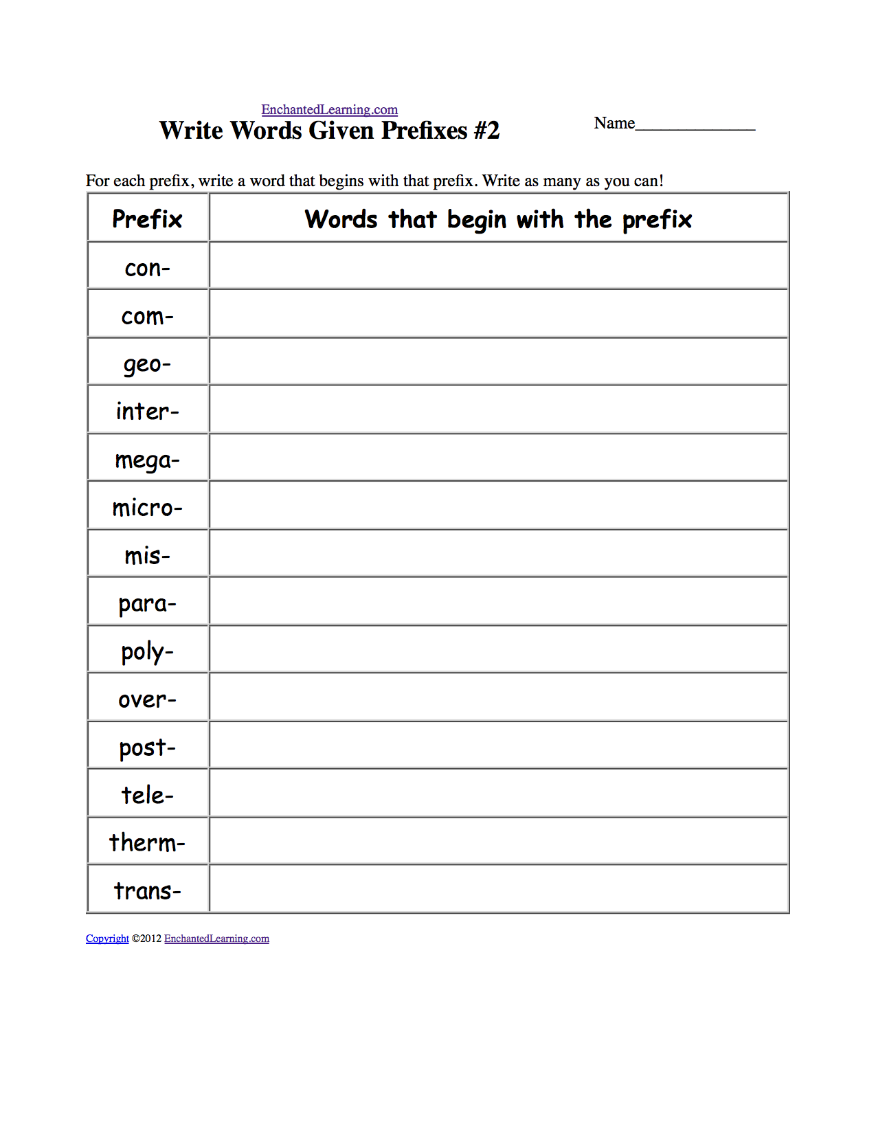 Write Words Given Prefixes Worksheets EnchantedLearning