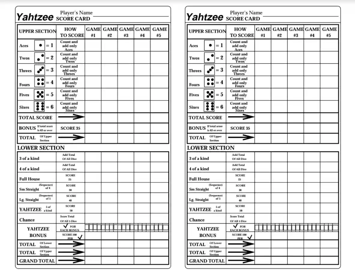 Yahtzee Score Card Fill Out Printable PDF Forms Online